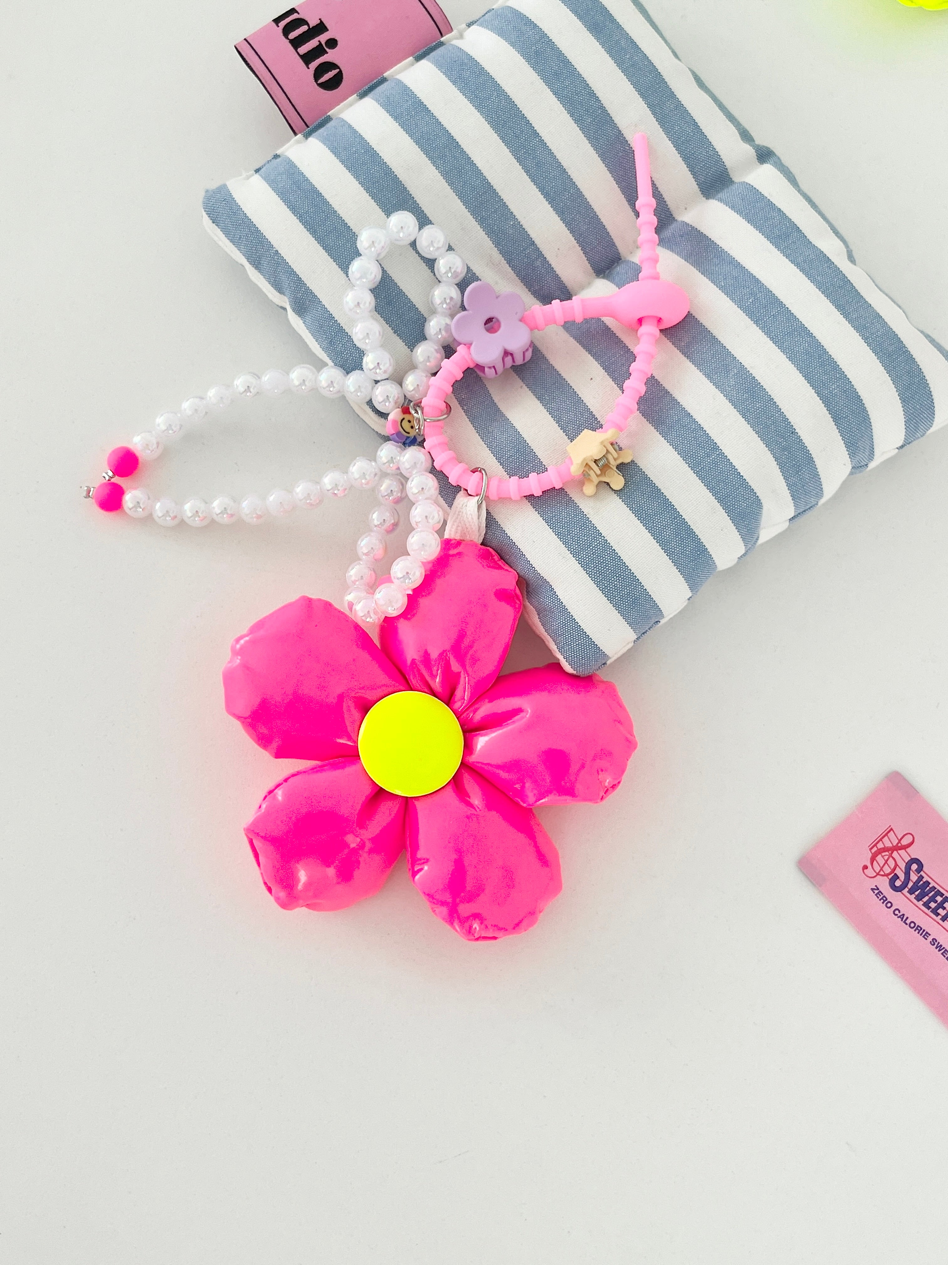 Neon Flower & Pearl Bow Bag Charm