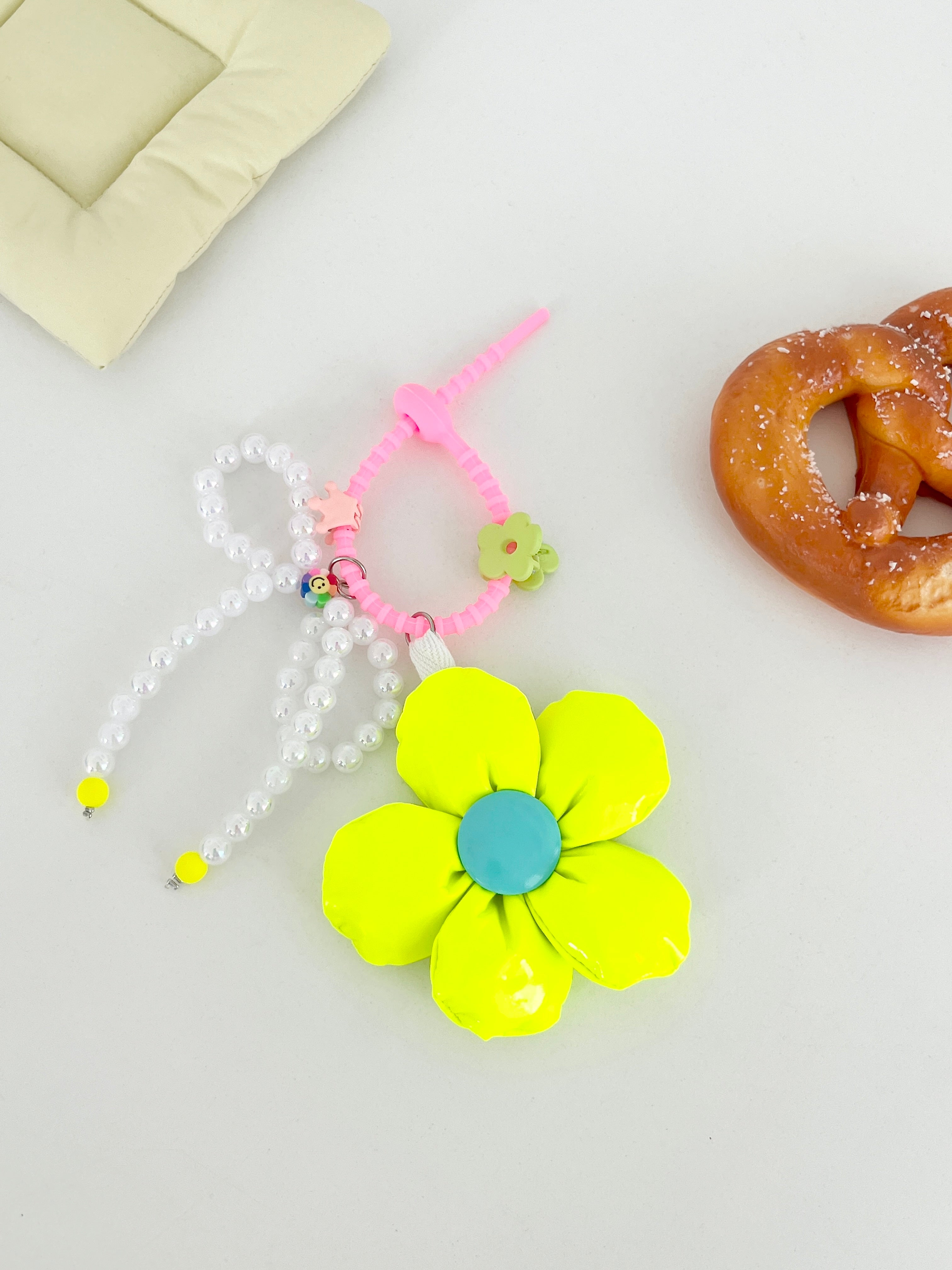 Neon Flower & Pearl Bow Bag Charm