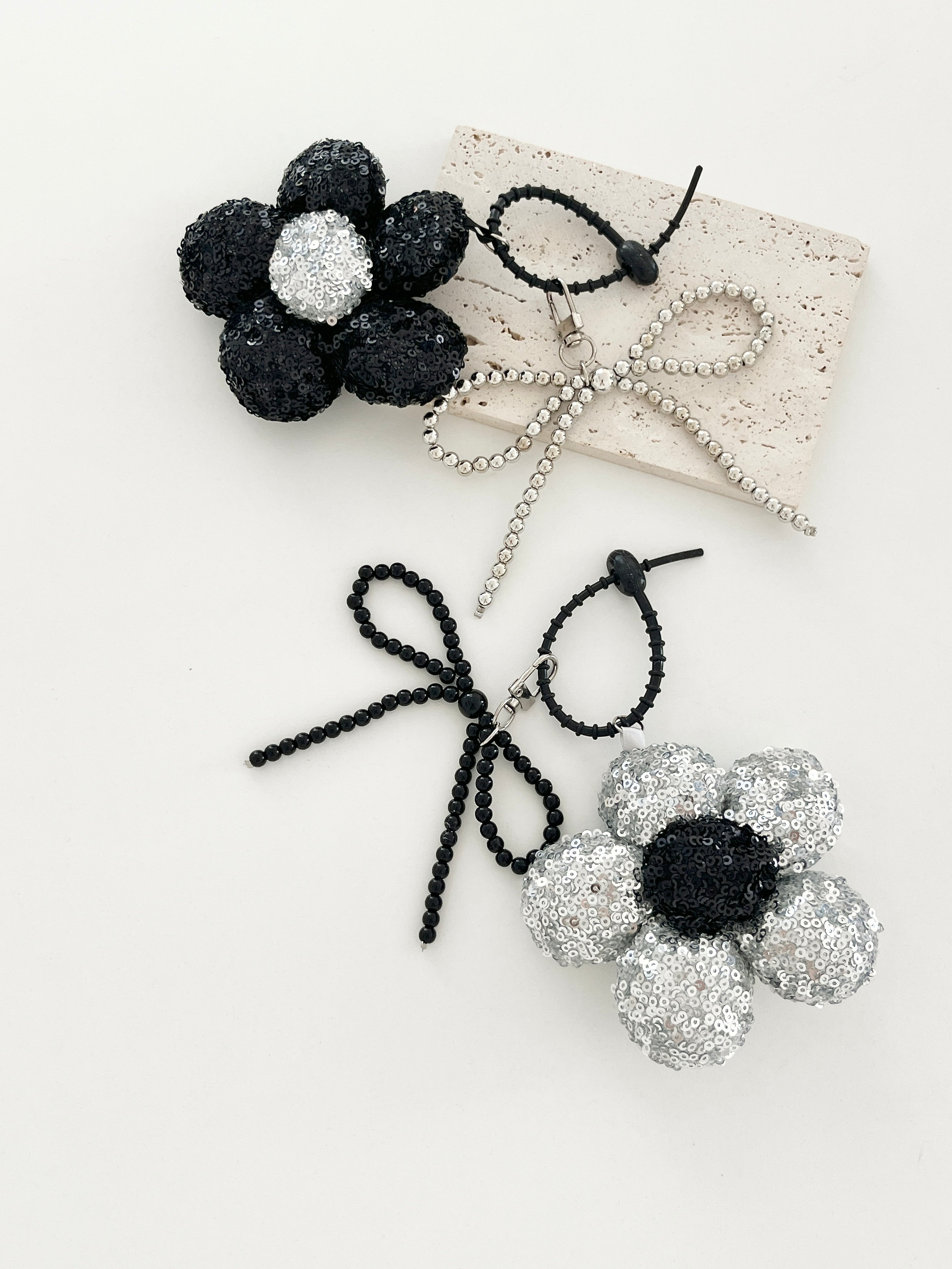 Sequin Daisy Keychain Charm with Rhinestone Bow