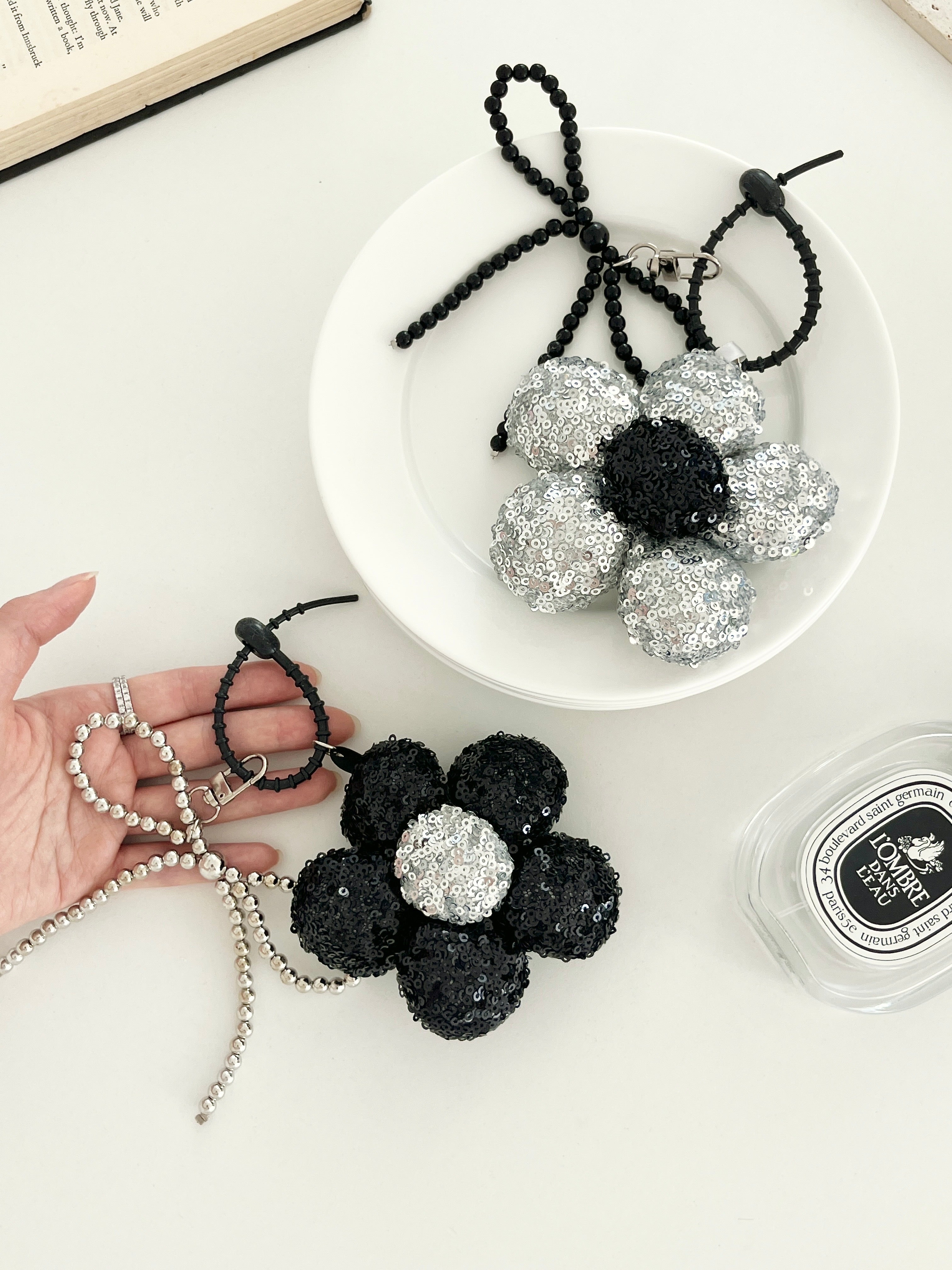 Sequin Daisy Keychain Charm with Rhinestone Bow