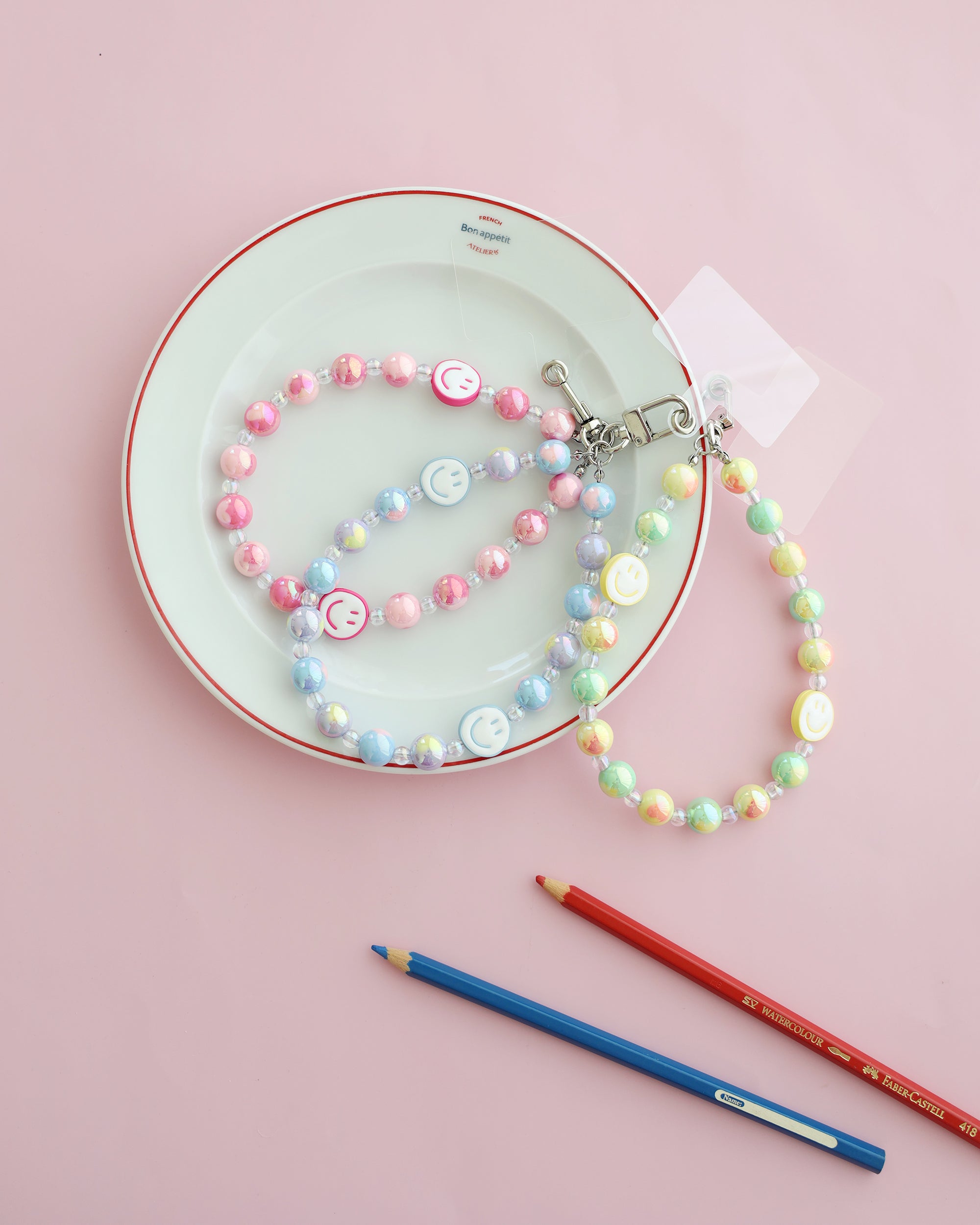 Pastel Pearl Smiley Phone Strap with Clear Phone Tab